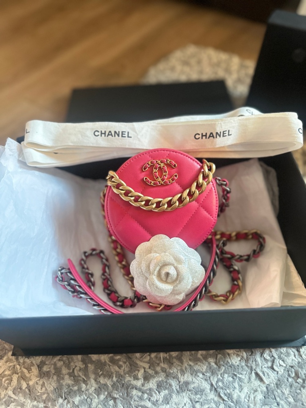 CHANEL Hot Pink Quilted Round Mini Crossbody with Gold Chain - Picture 5 of 16